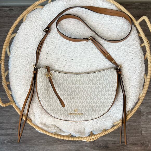 Michael Kors Half Moon White Monogrammed Leather Tassel Side Body Purse - Picture 1 of 11